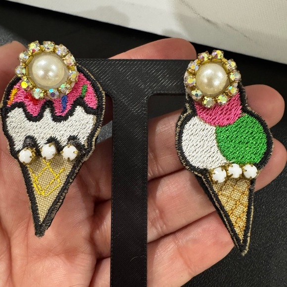 Handmade Ice Cream Cone Earrings Embroidered Beaded Statement Dangle Studs - Picture 2 of 4